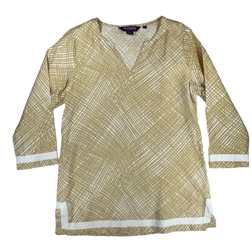 Vineyard Vines Linen Tunic Top Womens L Beige White Pattern Casual